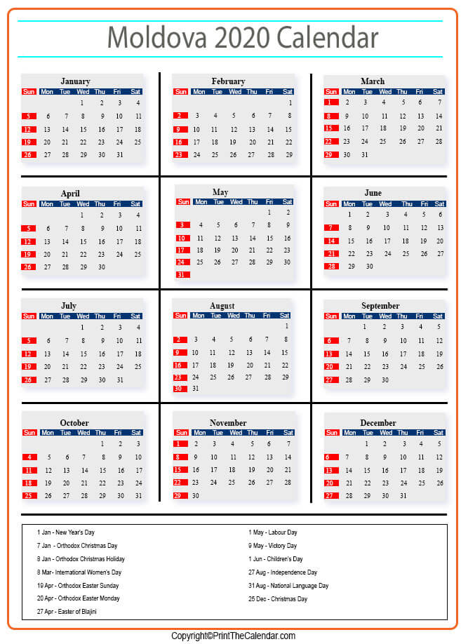 Moldova Calendar 2020